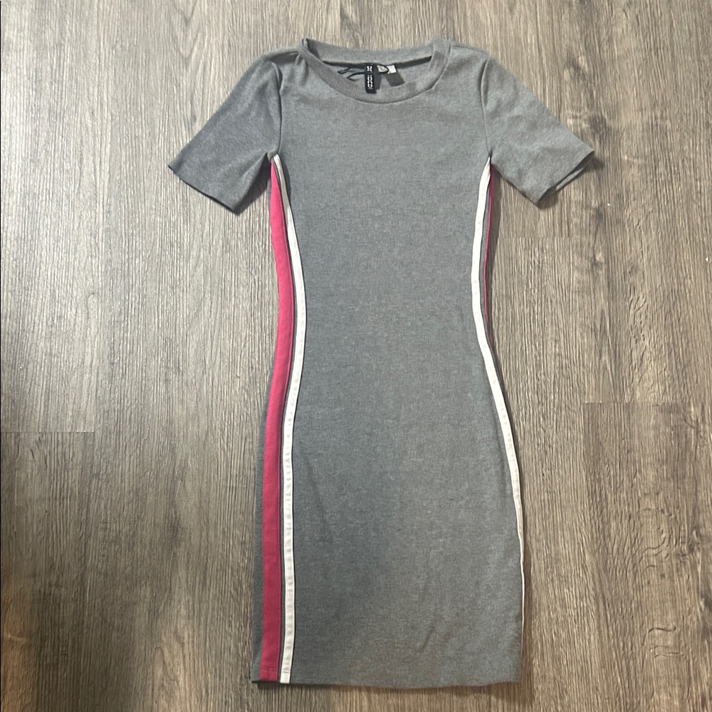 H&M Gray Midi Dress with Pink and White Stripes